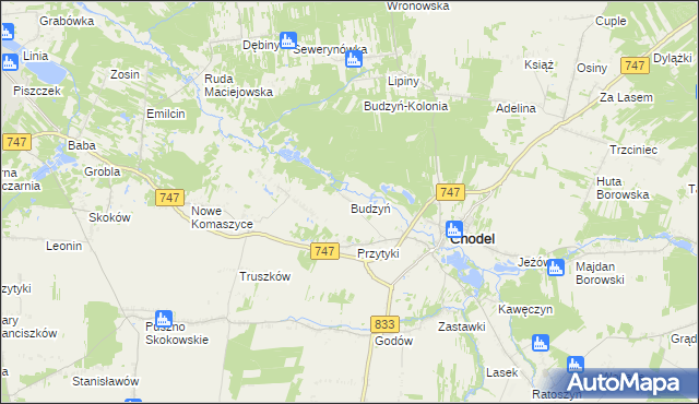 mapa Budzyń gmina Chodel, Budzyń gmina Chodel na mapie Targeo