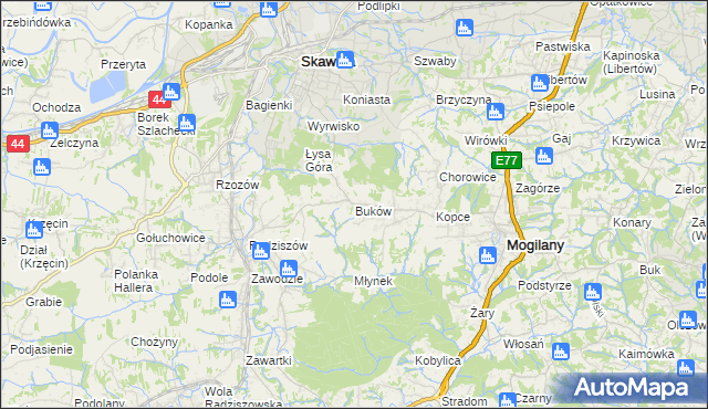 mapa Buków gmina Mogilany, Buków gmina Mogilany na mapie Targeo