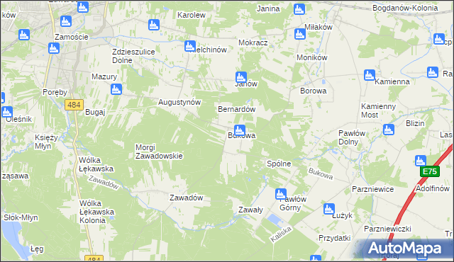 mapa Bukowa gmina Bełchatów, Bukowa gmina Bełchatów na mapie Targeo