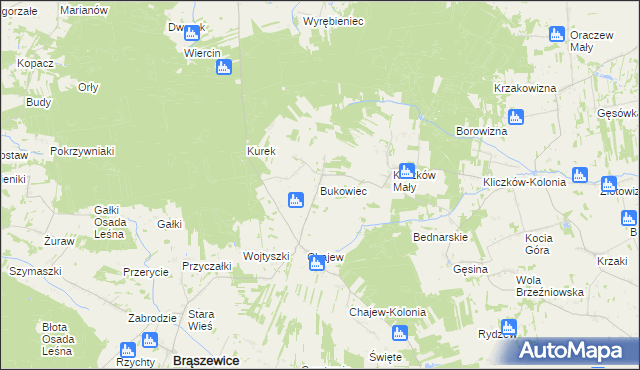 mapa Bukowiec gmina Brąszewice, Bukowiec gmina Brąszewice na mapie Targeo