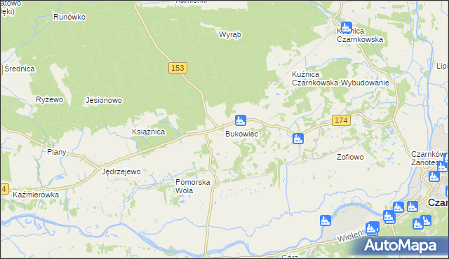 mapa Bukowiec gmina Czarnków, Bukowiec gmina Czarnków na mapie Targeo