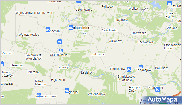 mapa Bukowiec gmina Żelechlinek, Bukowiec gmina Żelechlinek na mapie Targeo