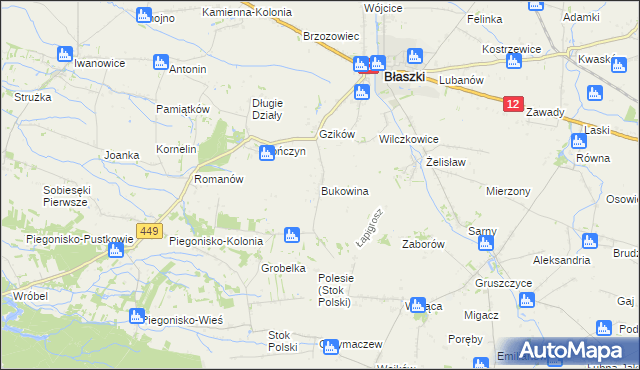 mapa Bukowina gmina Błaszki, Bukowina gmina Błaszki na mapie Targeo