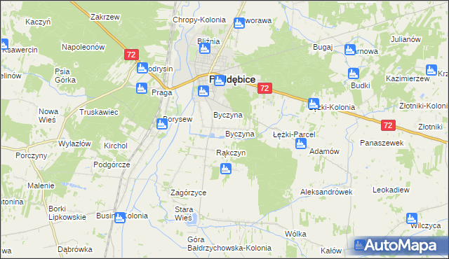 mapa Byczyna gmina Poddębice, Byczyna gmina Poddębice na mapie Targeo