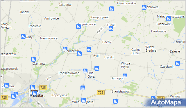 mapa Byki gmina Biała Rawska, Byki gmina Biała Rawska na mapie Targeo