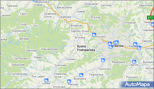 mapa Bystra Podhalańska, Bystra Podhalańska na mapie Targeo