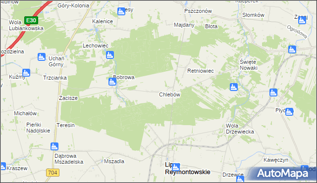mapa Chlebów gmina Lipce Reymontowskie, Chlebów gmina Lipce Reymontowskie na mapie Targeo