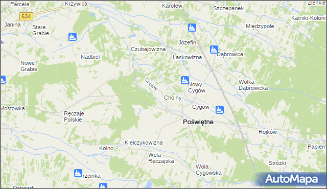 mapa Choiny gmina Poświętne, Choiny gmina Poświętne na mapie Targeo