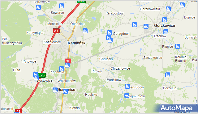 mapa Chruścin gmina Gomunice, Chruścin gmina Gomunice na mapie Targeo