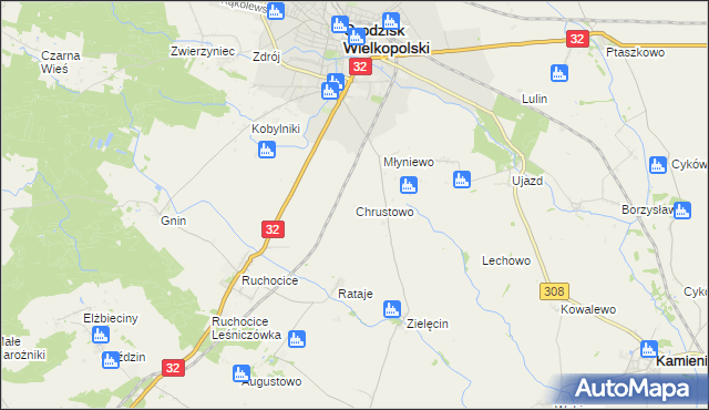 mapa Chrustowo gmina Grodzisk Wielkopolski, Chrustowo gmina Grodzisk Wielkopolski na mapie Targeo