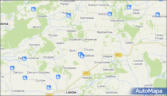 mapa Chrusty gmina Lisków, Chrusty gmina Lisków na mapie Targeo