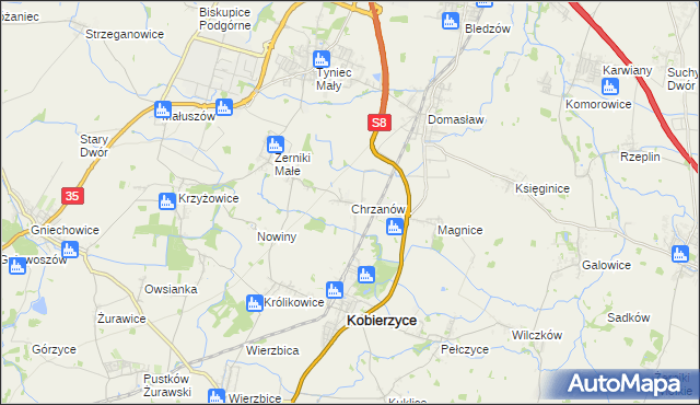 mapa Chrzanów gmina Kobierzyce, Chrzanów gmina Kobierzyce na mapie Targeo