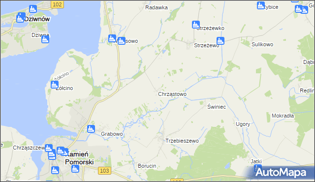 mapa Chrząstowo gmina Kamień Pomorski, Chrząstowo gmina Kamień Pomorski na mapie Targeo