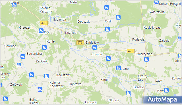 mapa Chynów gmina Drużbice, Chynów gmina Drużbice na mapie Targeo