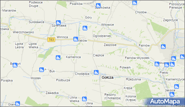 mapa Cieplice gmina Gołcza, Cieplice gmina Gołcza na mapie Targeo