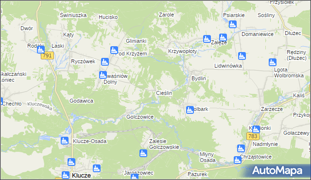 mapa Cieślin gmina Klucze, Cieślin gmina Klucze na mapie Targeo