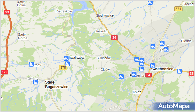 mapa Cieszów gmina Stare Bogaczowice, Cieszów gmina Stare Bogaczowice na mapie Targeo