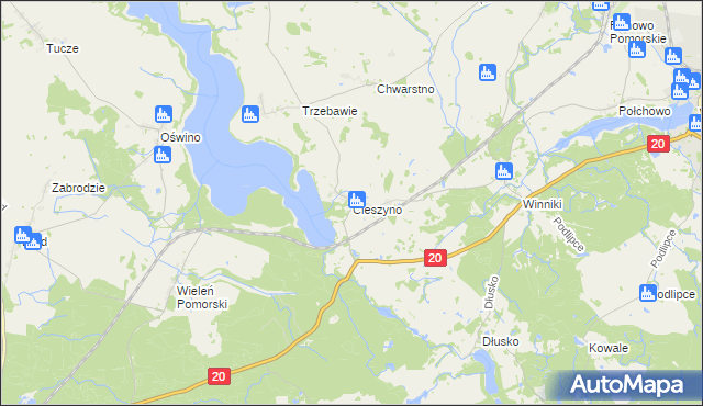 mapa Cieszyno gmina Węgorzyno, Cieszyno gmina Węgorzyno na mapie Targeo