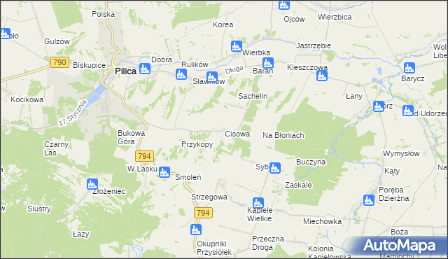 mapa Cisowa gmina Pilica, Cisowa gmina Pilica na mapie Targeo