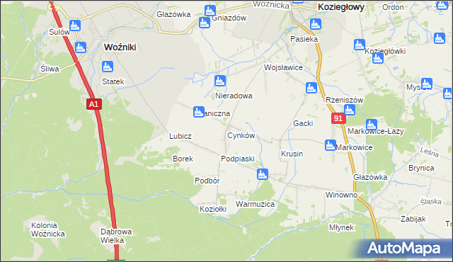 mapa Cynków gmina Koziegłowy, Cynków gmina Koziegłowy na mapie Targeo