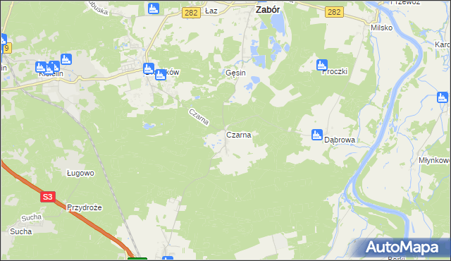 mapa Czarna gmina Zabór, Czarna gmina Zabór na mapie Targeo