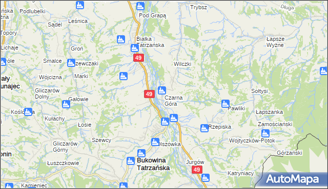 mapa Czarna Góra gmina Bukowina Tatrzańska, Czarna Góra gmina Bukowina Tatrzańska na mapie Targeo