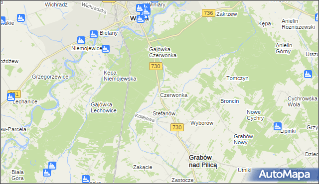 mapa Czerwonka gmina Grabów nad Pilicą, Czerwonka gmina Grabów nad Pilicą na mapie Targeo