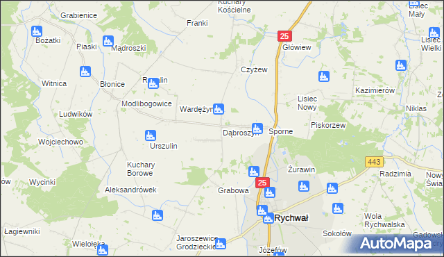 mapa Dąbroszyn gmina Rychwał, Dąbroszyn gmina Rychwał na mapie Targeo