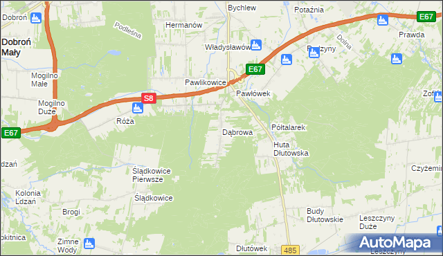 mapa Dąbrowa gmina Dłutów, Dąbrowa gmina Dłutów na mapie Targeo