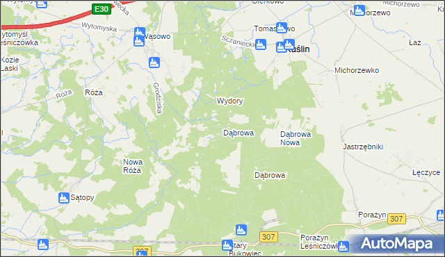 mapa Dąbrowa gmina Kuślin, Dąbrowa gmina Kuślin na mapie Targeo
