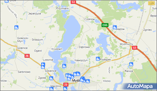 mapa Dąbrowa gmina Myślibórz, Dąbrowa gmina Myślibórz na mapie Targeo