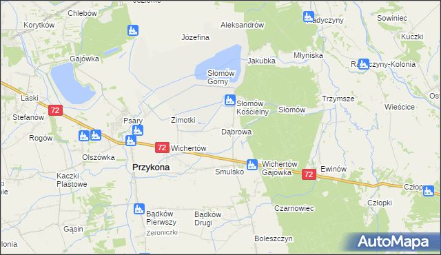 mapa Dąbrowa gmina Przykona, Dąbrowa gmina Przykona na mapie Targeo