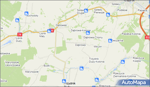 mapa Dąbrowa gmina Trzydnik Duży, Dąbrowa gmina Trzydnik Duży na mapie Targeo