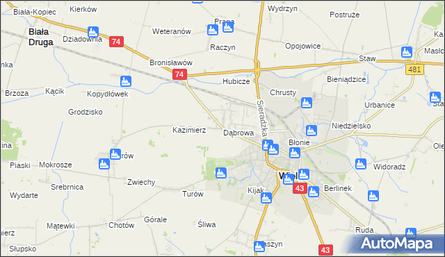 mapa Dąbrowa gmina Wieluń, Dąbrowa gmina Wieluń na mapie Targeo