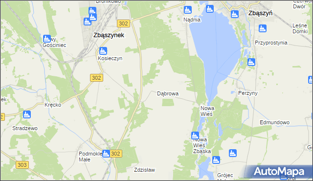 mapa Dąbrowa gmina Zbąszyń, Dąbrowa gmina Zbąszyń na mapie Targeo