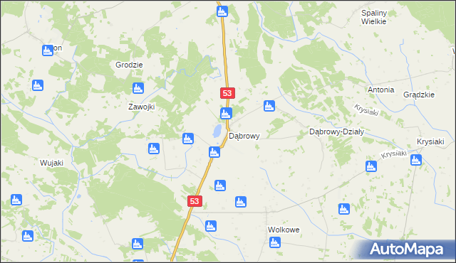 mapa Dąbrowy gmina Rozogi, Dąbrowy gmina Rozogi na mapie Targeo