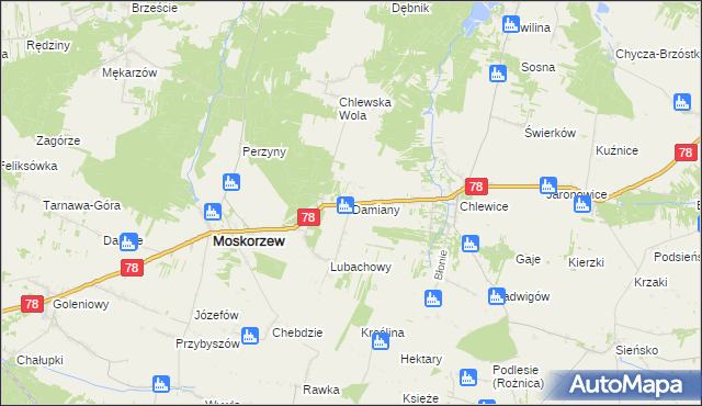 mapa Damiany gmina Moskorzew, Damiany gmina Moskorzew na mapie Targeo