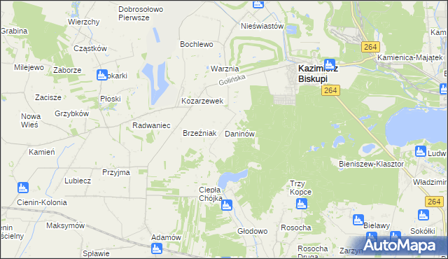 mapa Daninów gmina Kazimierz Biskupi, Daninów gmina Kazimierz Biskupi na mapie Targeo