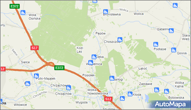 mapa Dęba gmina Kurów, Dęba gmina Kurów na mapie Targeo