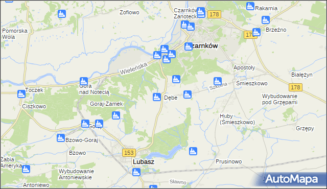 mapa Dębe gmina Lubasz, Dębe gmina Lubasz na mapie Targeo