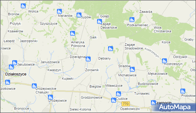 mapa Dębiany gmina Działoszyce, Dębiany gmina Działoszyce na mapie Targeo