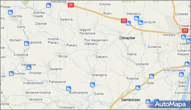 mapa Dębiany gmina Obrazów, Dębiany gmina Obrazów na mapie Targeo