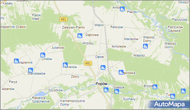 mapa Dębie gmina Popów, Dębie gmina Popów na mapie Targeo