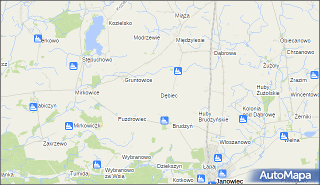 mapa Dębiec gmina Janowiec Wielkopolski, Dębiec gmina Janowiec Wielkopolski na mapie Targeo