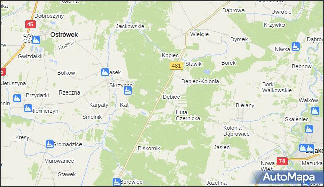 mapa Dębiec gmina Ostrówek, Dębiec gmina Ostrówek na mapie Targeo