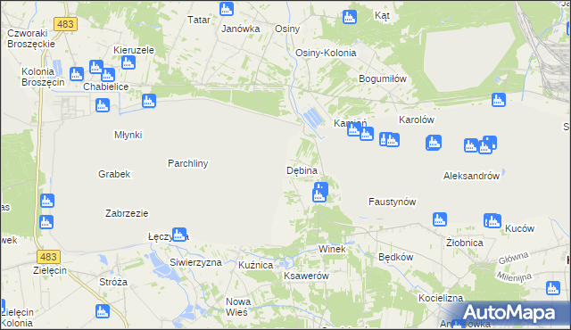 mapa Dębina gmina Kleszczów, Dębina gmina Kleszczów na mapie Targeo