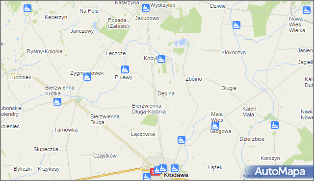 mapa Dębina gmina Kłodawa, Dębina gmina Kłodawa na mapie Targeo