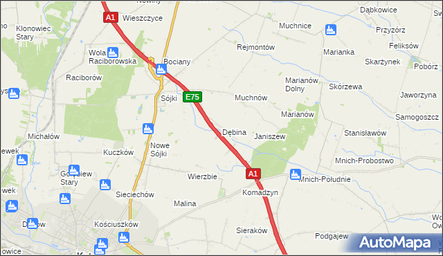 mapa Dębina gmina Strzelce, Dębina gmina Strzelce na mapie Targeo