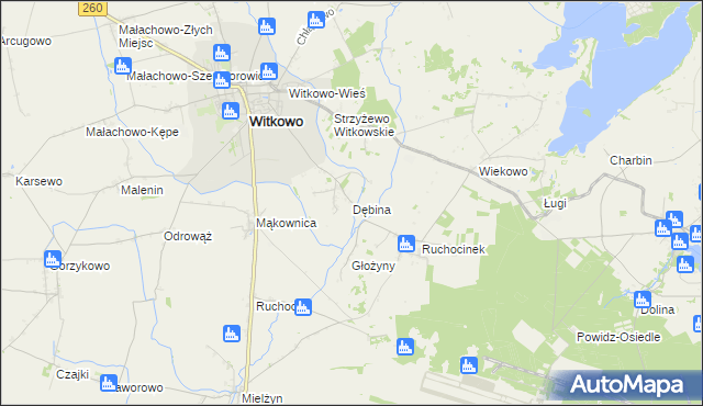 mapa Dębina gmina Witkowo, Dębina gmina Witkowo na mapie Targeo
