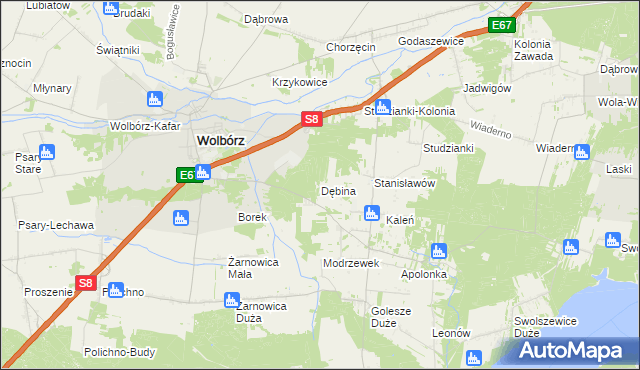 mapa Dębina gmina Wolbórz, Dębina gmina Wolbórz na mapie Targeo